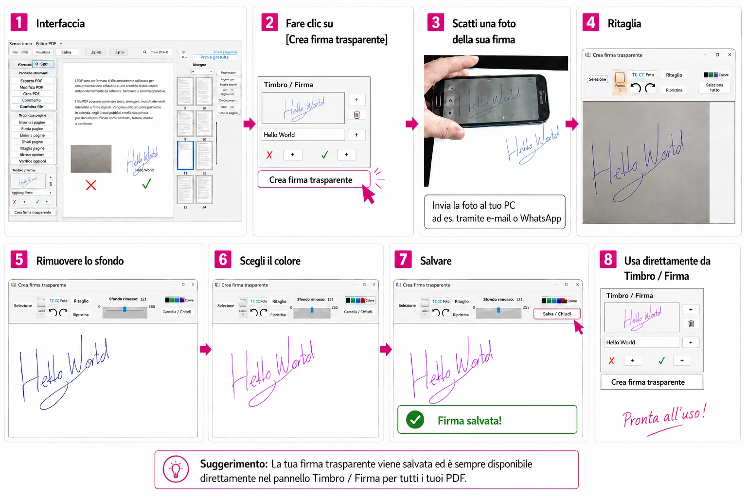 PDFixer: flusso in 8 passaggi dalla foto del telefono alla firma trasparente sul PDF PDFixer: flusso in 8 passaggi dalla foto del telefono alla firma trasparente sul PDF