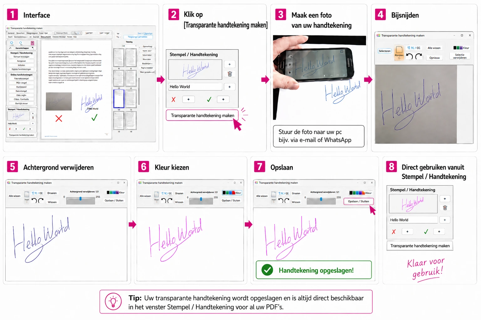 PDFixer — 8 stappen van telefoonfoto naar transparante handtekening op PDF Infographic: 8-stappen PDFixer-workflow — handtekening fotograferen, bijsnijden, achtergrond verwijderen met een schuifregelaar, kleur kiezen, opslaan als voorinstelling en op een PDF plaatsen